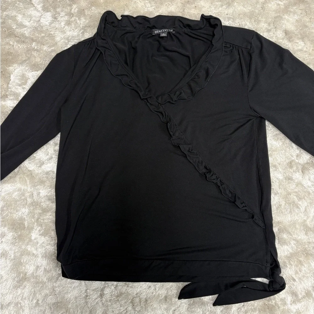 J. Crew Black Ruffled V-Neck Blouse w/ side tie - Women’s S - Picture 1 of 4
